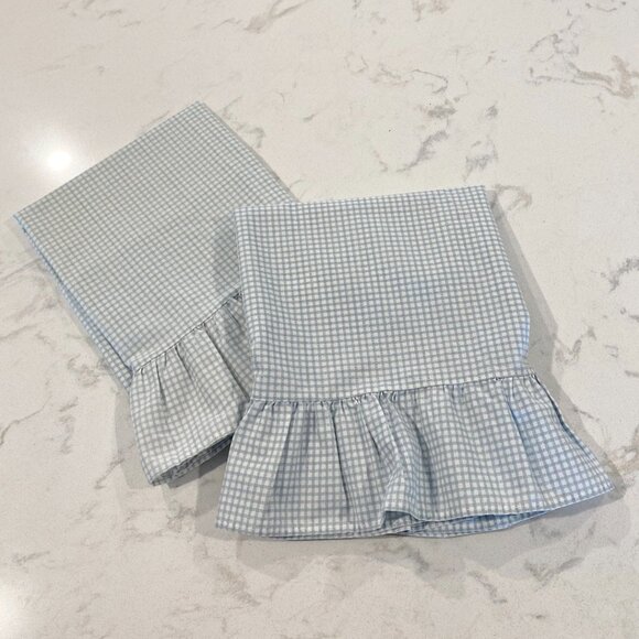 Vintage Set of 2  Pillowcases Blue White Gingham Check Ruffle 18.5" x 28" - Picture 4 of 7